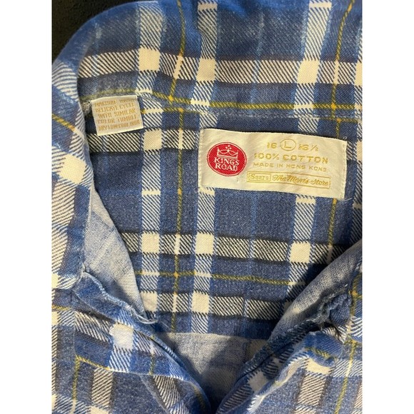 Vintage Sears Kings Road Blue Flannel 100% Cotton Large 16 - 16 1/2 - Picture 4 of 5
